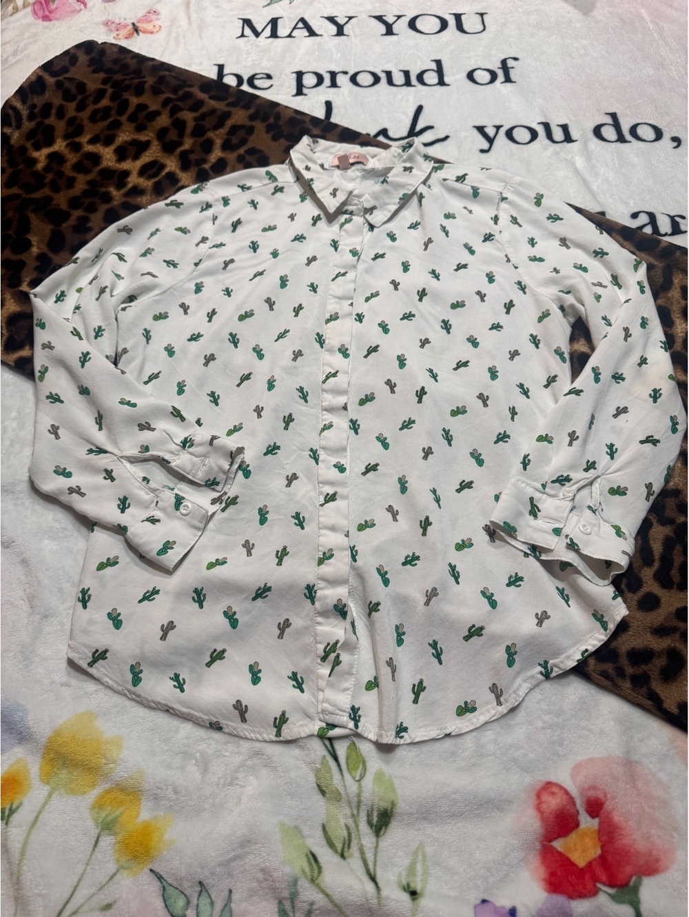 Per Se white button-down Western shirt with cactus print Size XL